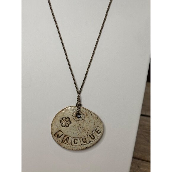Personalized Ceramic Pendant Necklace With "Jacque" Engraving Flower Detail & Tw - Picture 6 of 7